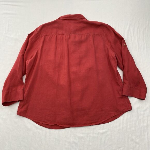 Lauren Ralph Lauren Top Womens 2X Red Linen Button Up Long Sleeve Roll Tab Blous - Picture 3 of 8